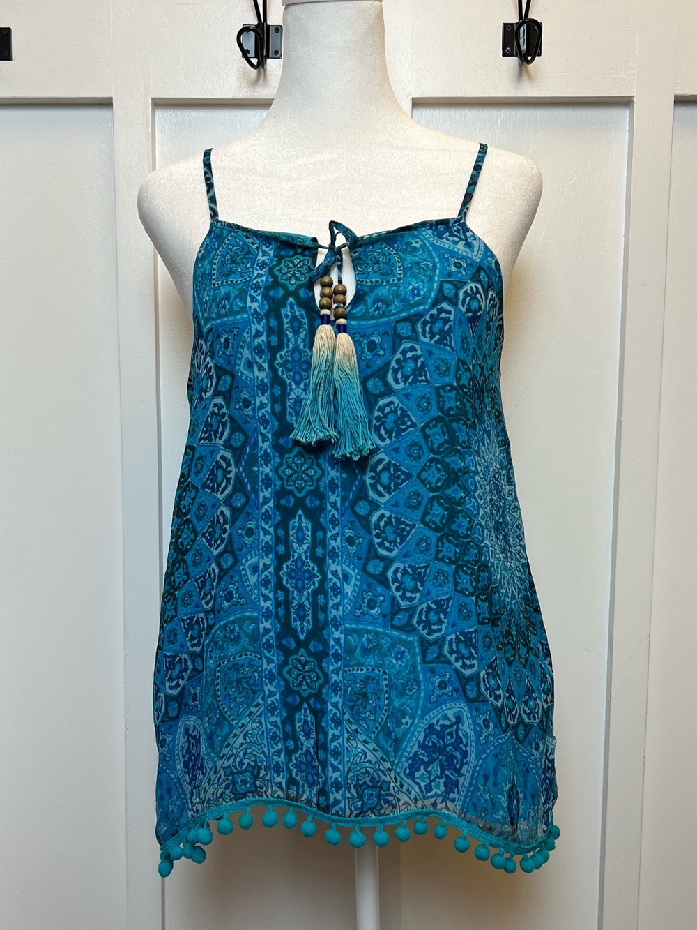 Chaser Size XS Blue Tassel Bohemian Flowy Top Spaghetti Strap Lightweight Artsy
